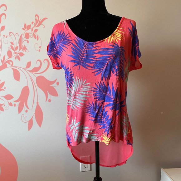 Candy Couture High Low Coral Top Leaves sz Large - Picture 1 of 4
